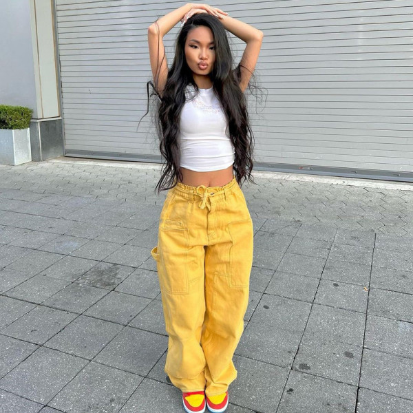 Pants Elastic waist pocket waist rope casual pants