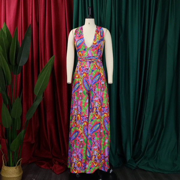 Printed hanging neck multi wear beach jumpsuit