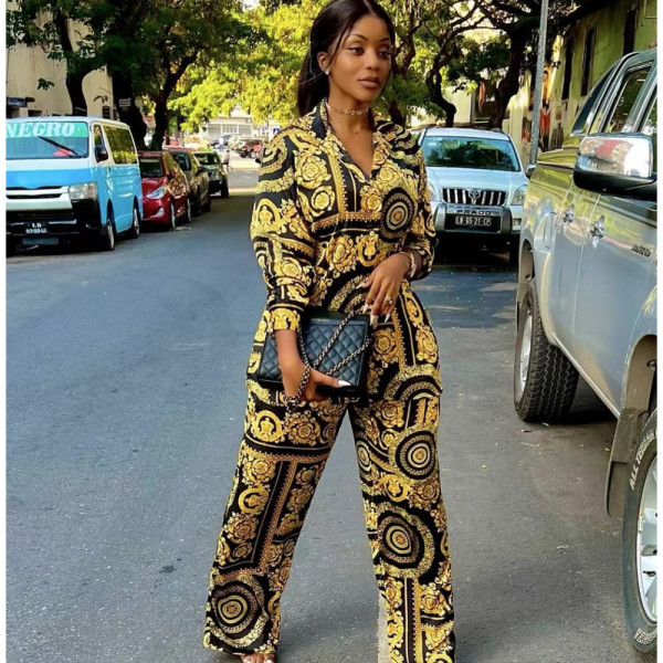 Casual Set Printed Stand Collar Long Sleeve Shirt Top Wide Leg Pants 2PK Set