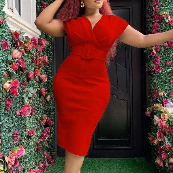 Large V-neck waistband style commuter dress