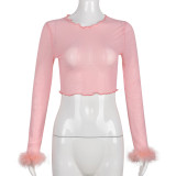 Open Umbilical Wool Long Sleeve Round Neck Mesh Perspective Top