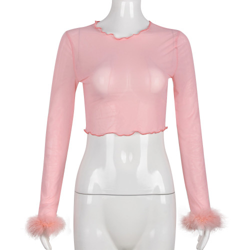 Open Umbilical Wool Long Sleeve Round Neck Mesh Perspective Top