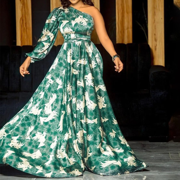 Diagonal collar long sleeve printed long skirt dress