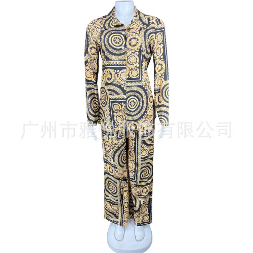 Casual Set Printed Stand Collar Long Sleeve Shirt Top Wide Leg Pants 2PK Set