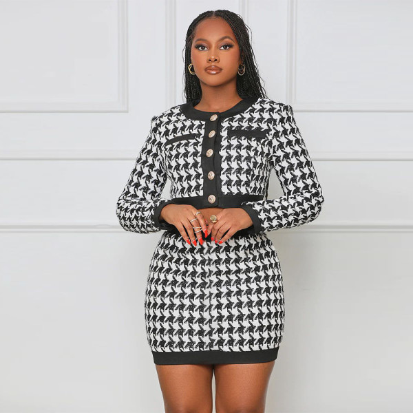 Long sleeve cardigan vest hip wrap skirt printed three piece set