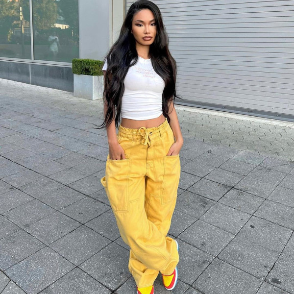Pants Elastic waist pocket waist rope casual pants