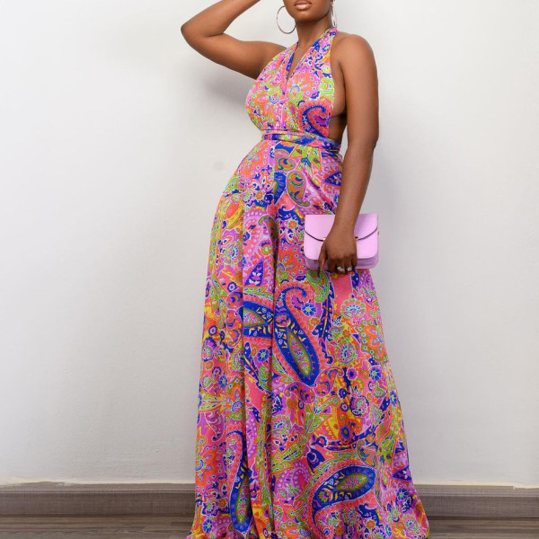 Printed hanging neck multi wear beach jumpsuit