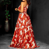 Diagonal collar long sleeve printed long skirt dress