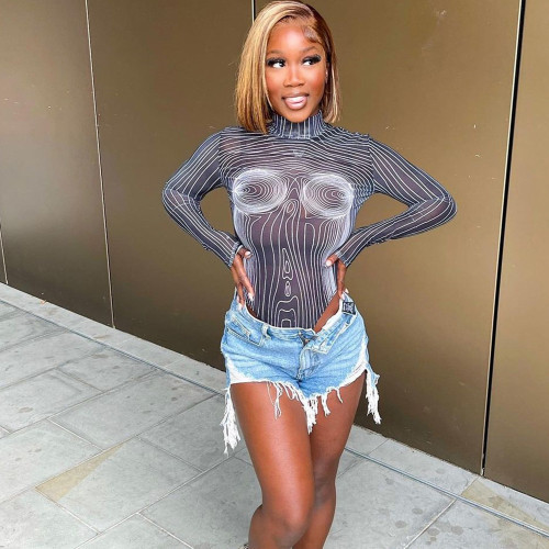 Mesh stripe print perspective sexy long sleeve high neck crotch women's dress