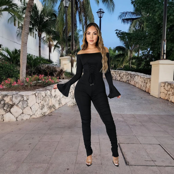 Flared Sleeve Narrow Waist Eyelet Strap Wrinkled Sexy Bodysuit