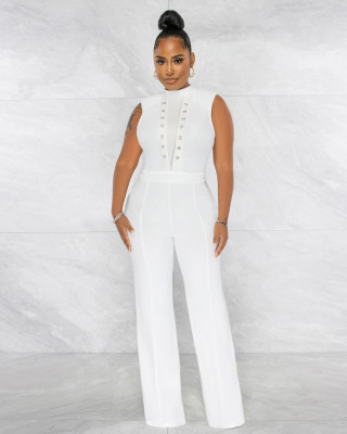 Women's Sexy Solid Color Sleeveless Round Neck One Piece Wide Leg Pants