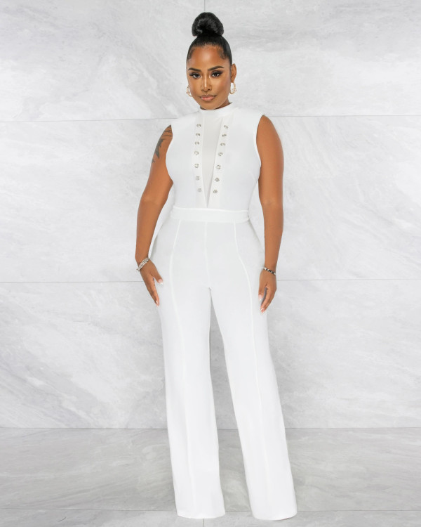 Women's Sexy Solid Color Sleeveless Round Neck One Piece Wide Leg Pants