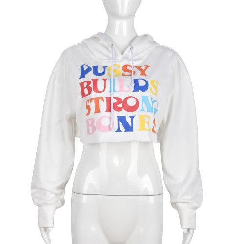 Long Sleeve Soft Open Waist Hooded Tie Letter Short Sweatshirt