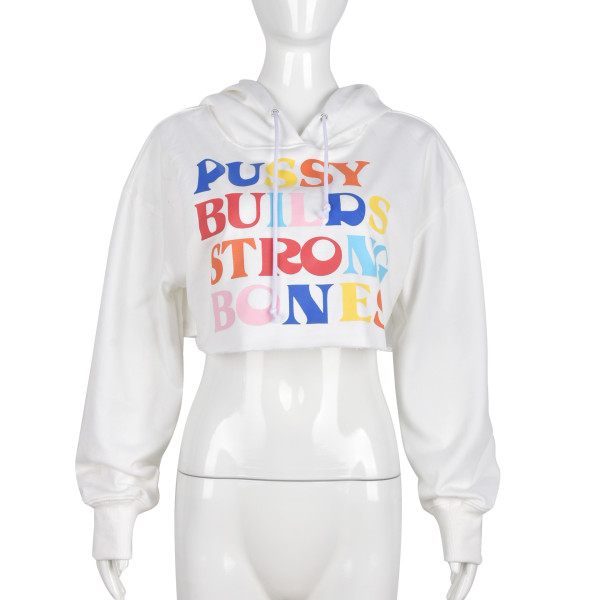 Long Sleeve Soft Open Waist Hooded Tie Letter Short Sweatshirt