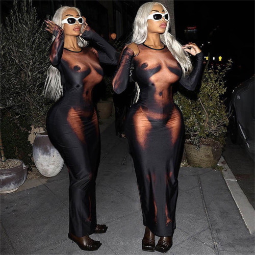 Casual Women Fashion Portrait Realistic Digital Printing Long Sleeve Dress