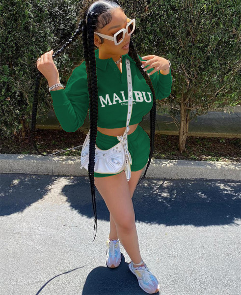 Women's Casual Sports Versatile Letter Print Open Door Long Sleeve Sweater Shorts With Pocket Set