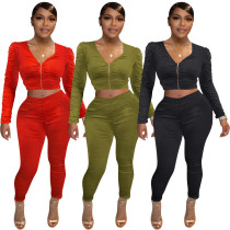Women's Autumn and Winter Fashion Front Row Zipper Ruched Two-Piece Suit