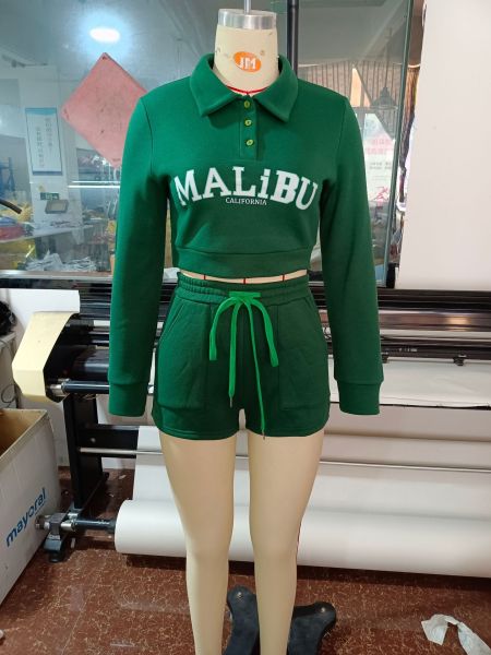Women's Casual Sports Versatile Letter Print Open Door Long Sleeve Sweater Shorts With Pocket Set