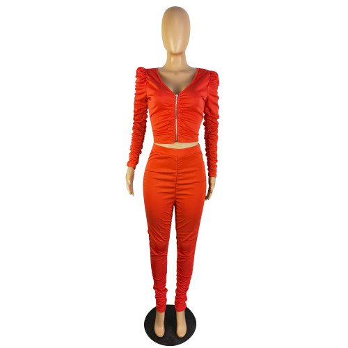 Women's Autumn and Winter Fashion Front Row Zipper Ruched Two-Piece Suit