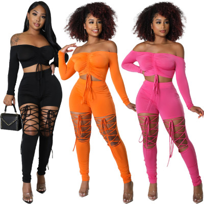 women's off shoulder top cutout trousers suit