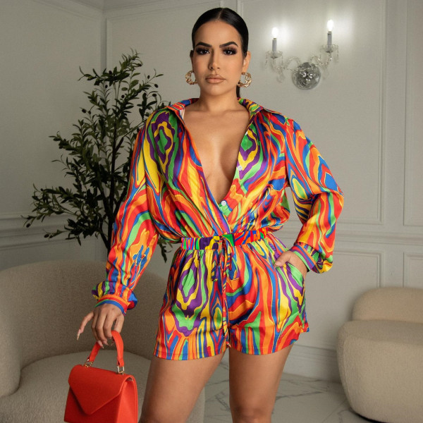 Colorful Irregular Ripple Print Long Sleeve Shirt Lace Up Shorts Beach Two-Piece Set