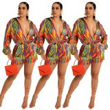 Colorful Irregular Ripple Print Long Sleeve Shirt Lace Up Shorts Beach Two-Piece Set