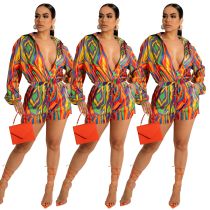 Colorful Irregular Ripple Print Long Sleeve Shirt Lace Up Shorts Beach Two-Piece Set