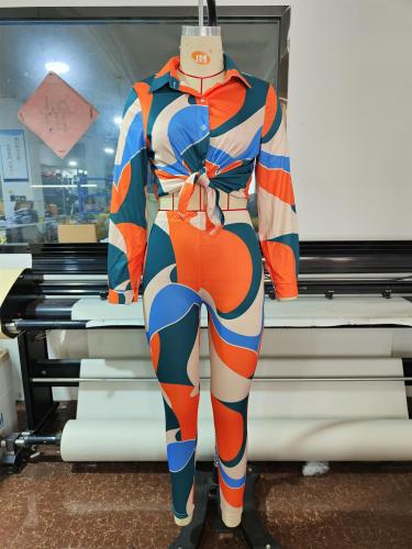 Casual Women's Irregular Color Contrast Print Long Sleeve Shirt High Waist Trousers Two Piece Set