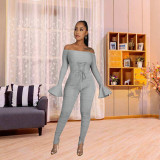Flared Sleeve Narrow Waist Eyelet Strap Wrinkled Sexy Bodysuit