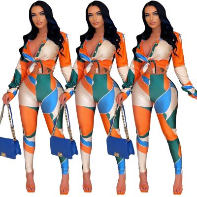 Casual Women's Irregular Color Contrast Print Long Sleeve Shirt High Waist Trousers Two Piece Set