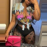 Casual women's street fashion print tassel slit T-shirt lace see through shorts two-piece set