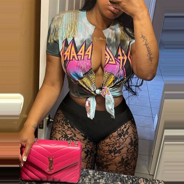 Casual women's street fashion print tassel slit T-shirt lace see through shorts two-piece set