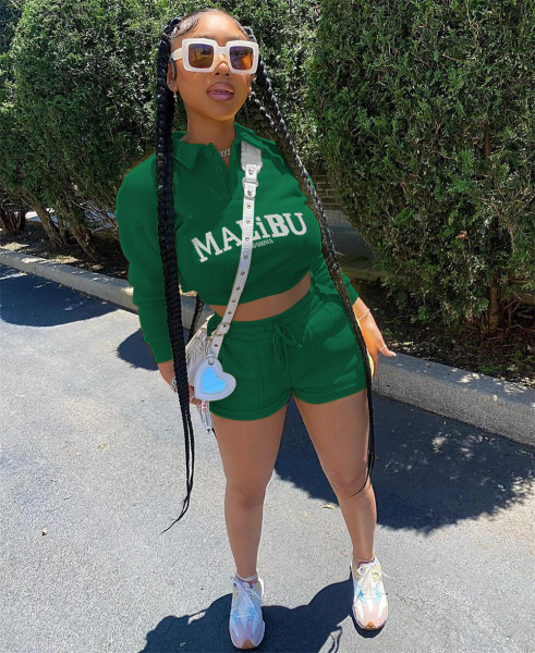 Women's Casual Sports Versatile Letter Print Open Door Long Sleeve Sweater Shorts With Pocket Set