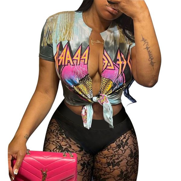 Casual women's street fashion print tassel slit T-shirt lace see through shorts two-piece set