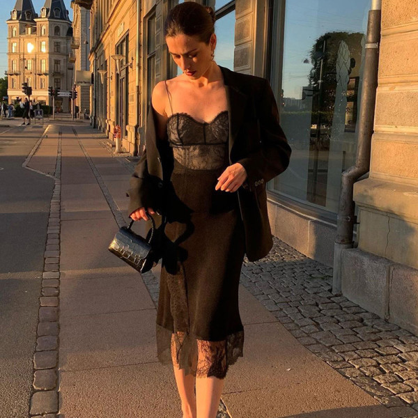 Sexy small sling lace stitching slit dress female scheming pure desire wind wave collar fairy skirt