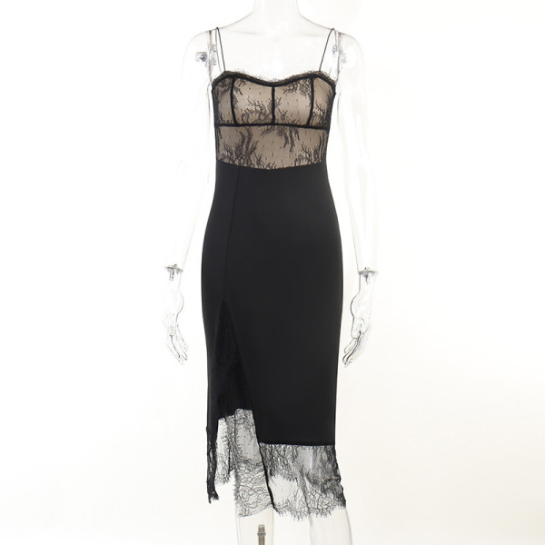 Sexy small sling lace stitching slit dress female scheming pure desire wind wave collar fairy skirt