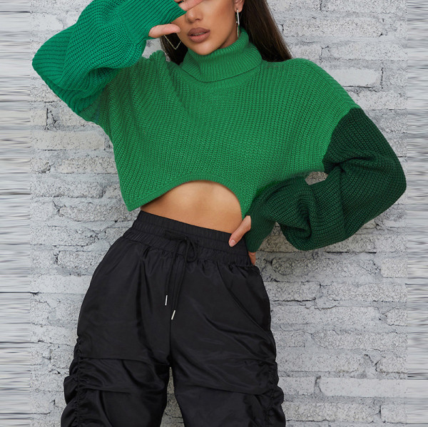 Fashion contrast color stitching long-sleeved street shot knitted turtleneck loose casual sweater