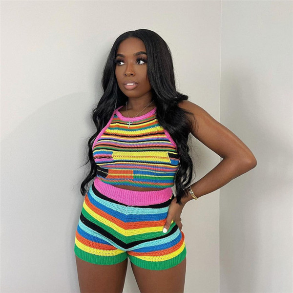 Fashion Contrast Stripe Slim Fit Sling Sleeveless Knit Slim Top