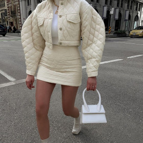 Breasted Lapel Long Sleeve Padded Jacket Top Diamond Casual Solid Color Skirt