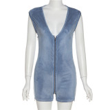 High Waist Sexy Bag Hip Sleeveless Tight Zip Low Cut One Piece Shorts