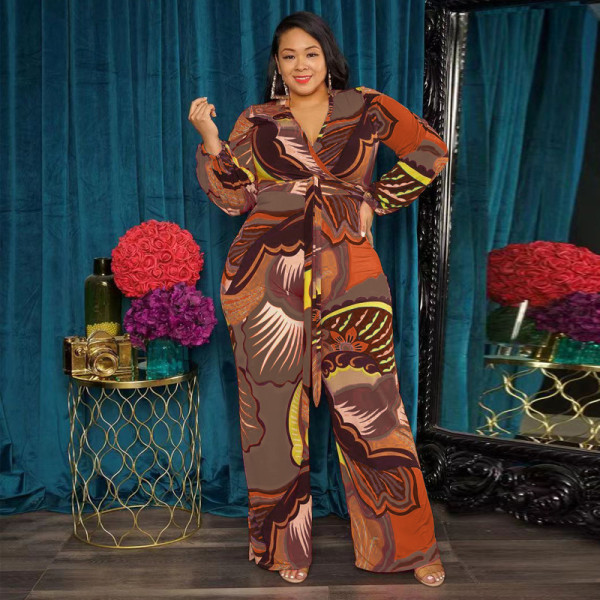 Abstract Deep V Neck Belted Loose Fashion Plus Size Jumpsuit