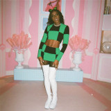 Printed Contrast Checkerboard Long Sleeve Skinny Casual Skirt Set