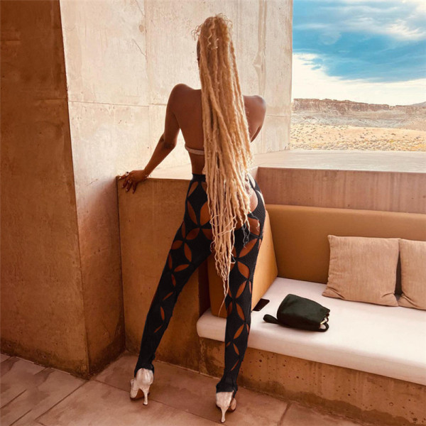 Fashion Threaded Hollow High Waist Tight Hip Lift Sports Fitness Casual Pants
