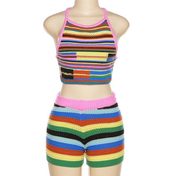 Fashion Contrast Stripe Slim Fit Sling Sleeveless Knit Slim Top