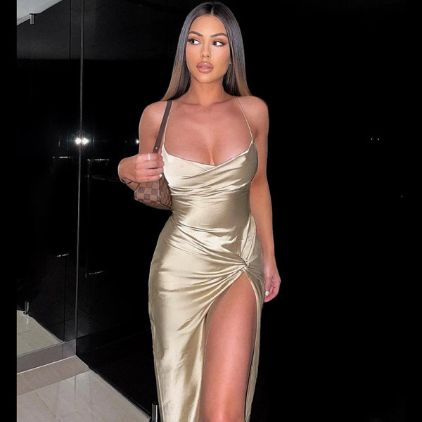 Twisted Split Satin Sling Small V-Neck Dress Women's Strapless Backless Midi Dress