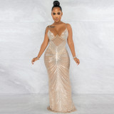 Hot drilling sexy sling chest wrapped gauze perspective long dress