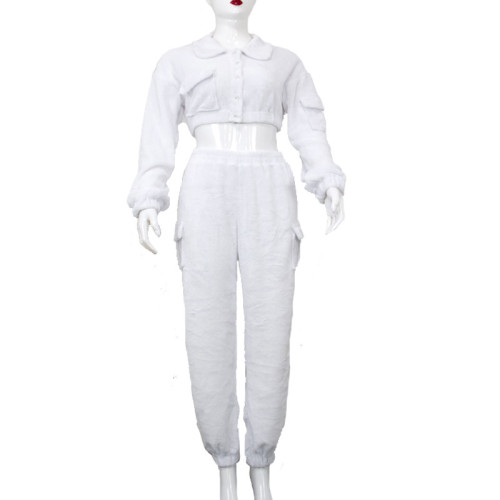 Plush Long Sleeve Trousers Cargo Style With Pockets Casual Two-piece Set
