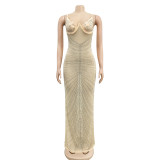 Hot drilling sexy sling chest wrapped gauze perspective long dress