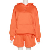 Solid Embroidered Loose Sweatshirt Drawstring Shorts Set