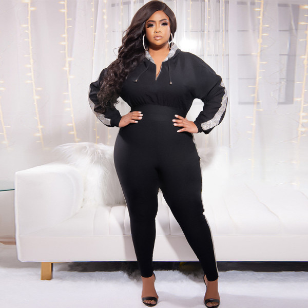 Solid Color Patchwork Hooded Fashion Skinny Plus Size Women's Suit